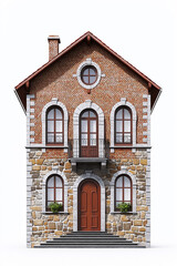 Obraz premium Classic brick and stone house with balcony and arched windows standing on white background