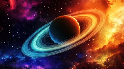 Obraz premium A planetary body is enveloped by luminous rings within a nebula