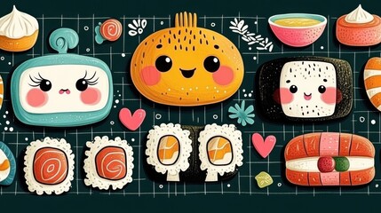 Fototapeta premium A colorful illustration featuring cute cartoon food characters, including sushi, dumplings, and playful expressions, set against a dark background.