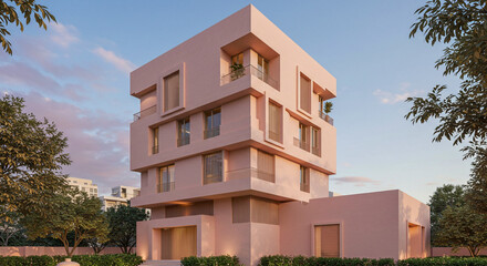 Fototapeta premium Pink modern building with geometric design at dusk.