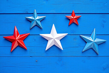 Three red white and blue stars on a blue wooden surface