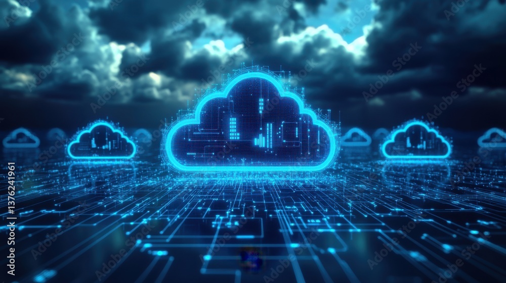 Poster a digital representation of cloud computing with glowing clouds and data streams amidst a dark, mood