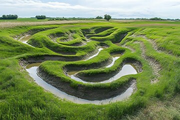 A meandering grass and water landscape features an earthwork maze design