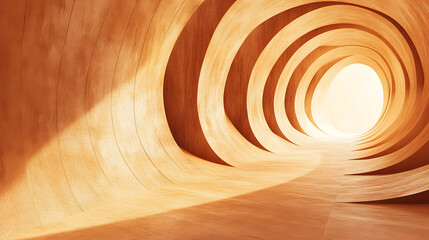 A digitally rendered image of a spiraling tunnel with light at the end