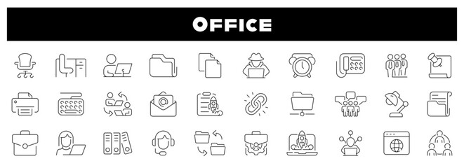 Office working vector outline icon set. Company workers space linear icons.