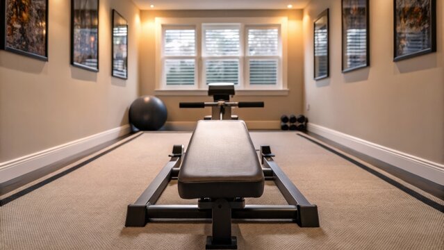 Home gym featuring a rowing machine and exercise ball in a well-lit, modern space with framed art on the walls.