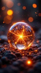 Obraz premium An artistic representation of a glowing sphere with neural network patterns emitting sparks, symbolizing GLP-1's connection to biology and neurons.