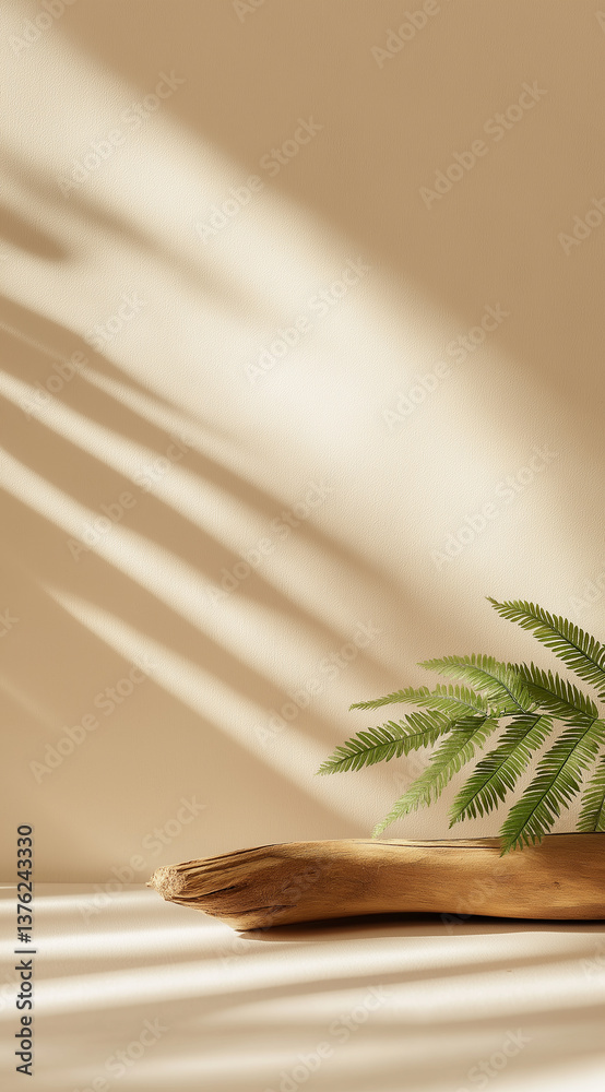 Poster empty wooden podium displaying fern leaf on beige background with shadow overlay for cosmetic produc