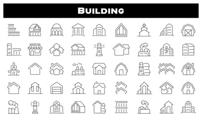 Building for industry and real estate vector outline icon set. Factory and property icons