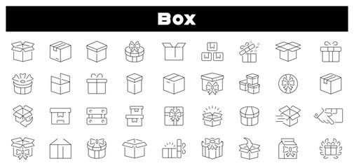 Box wrapped for gift vector outline icon set. Present and surprise packaging icons