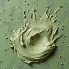 Obraz premium A vibrant splash of light green paint on a textured background, surrounded by small specks, showcasing dynamic movement and creativity.