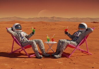 Astronauts Relaxing on Mars with Cocktails - Space Exploration, Desert Landscape Concept.