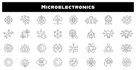 Microelectronics technology vector outline icon set. Circuit board symbols