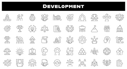 Development vector outline icons set. Innovation and growth symbols