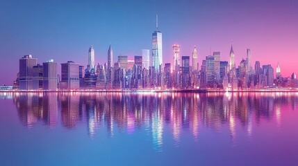 Naklejka premium A vibrant city skyline at dusk with colorful reflections on water, showcasing iconic skyscrapers against a gradient sky.
