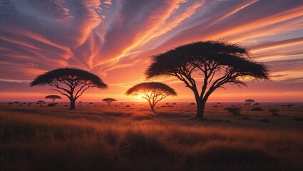The sun sets on the horizon, lighting up the sky with vivid colors, while acacia trees stand silhouetted against the backdrop of the African savannah. The landscape glows with golden hues