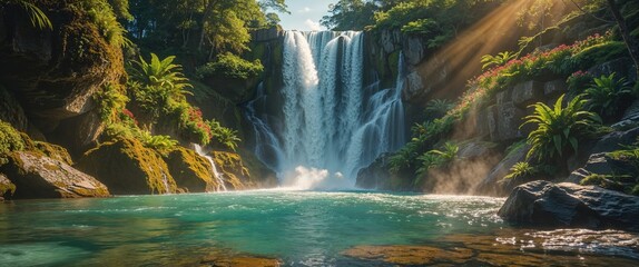 In a vibrant tropical rainforest, a stunning waterfall flows gracefully into a clear turquoise pool