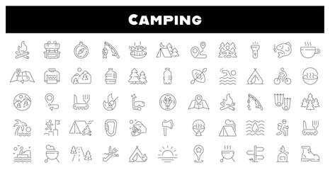 Camping vector icons. Camping icon set. Holiday, vacation, hiking, fishing, travel, camping related icons. Thin line editable stroke