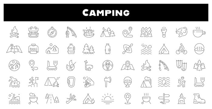 Camping vector icons. Camping icon set. Holiday, vacation, hiking, fishing, travel, camping related icons. Thin line editable stroke
