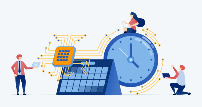 Vector illustration of people use chips to help process schedules and events with the help of chips and AI technology illustrated with chip cables wrapped around calendars and round clocks