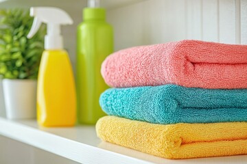 a stack of colorful towels, alongside cleaning supplies and a small plant. The scene is tidy and inviting.