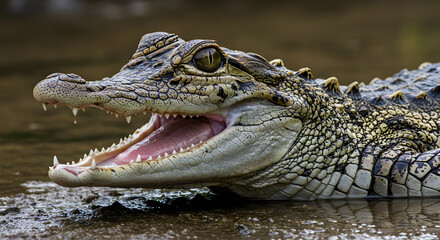 Obraz premium Menacing caiman portrait, detailed scales and open mouth showcasing sharp teeth
