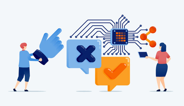 illustration of chip with a learning engine helps people choose yes or no in voting comments and feedback reviews improving decision making with AI powered cloud data processing