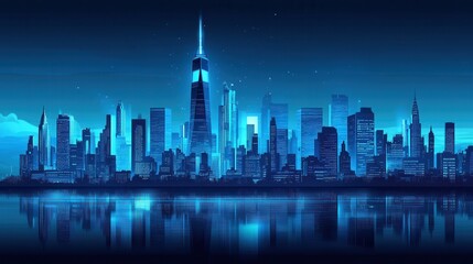 Obraz premium A vibrant blue skyline depiction featuring modern skyscrapers and reflections on water, evoking a serene urban atmosphere at night.
