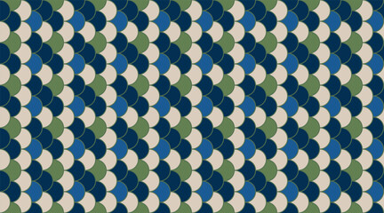 Elegant geometric seamless pattern.  Repeating scales in shades of blue, green, and beige create a sophisticated, textured design perfect for backgrounds, textiles, or website design.