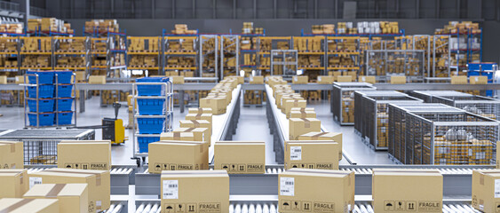 Cardboard boxes moving on conveyor belt in distribution warehouse
