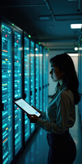 A woman in her 20s stands in a server room, holding a tablet and analyzing data. The blue light from the servers creates a high-tech ambiance, emphasizing concentration and dedication.