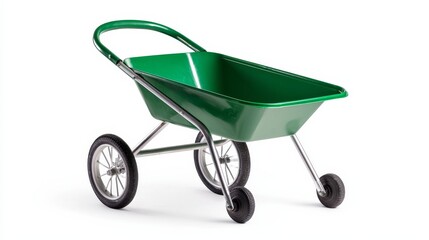 Green Metal Garden Wheelbarrow on White Background