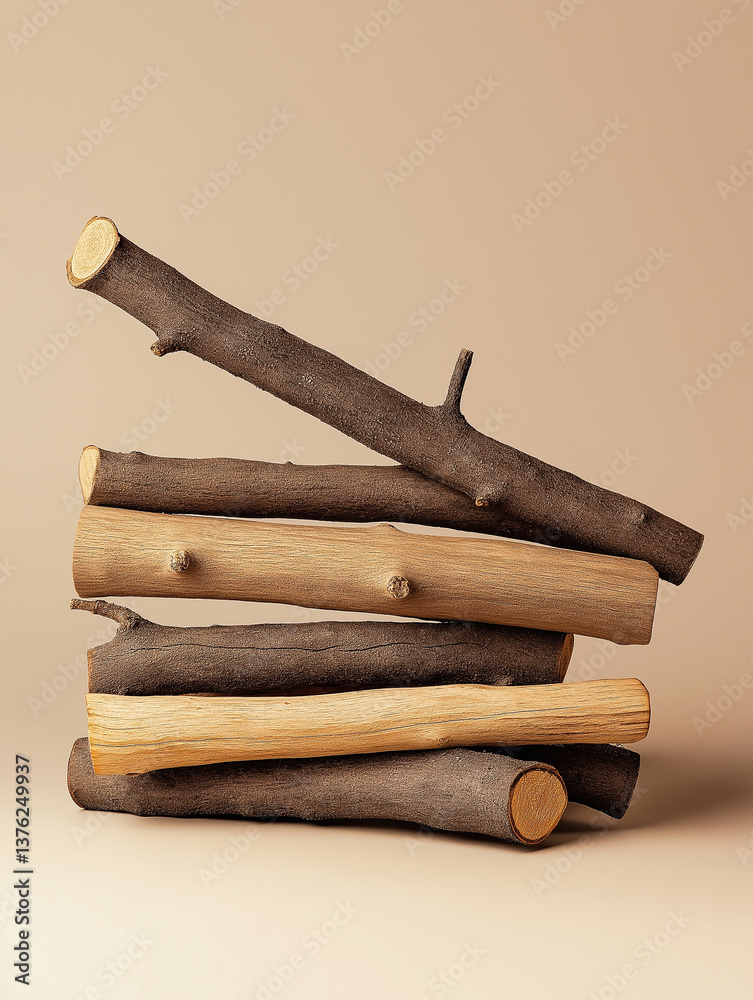 Poster Pile of dry branches creating an abstract composition on beige background