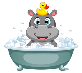 Hippo in a Bathtub – An adorable hippo sitting in a bubble-filled bathtub with a rubber ducky on his head and a playful expression on his face.