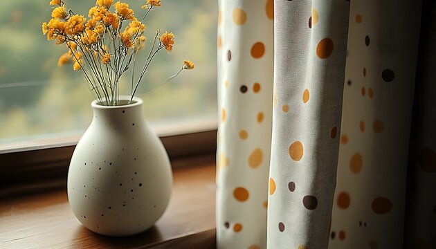 Windowsill flowers, polka dots, curtains - Powered by Adobe