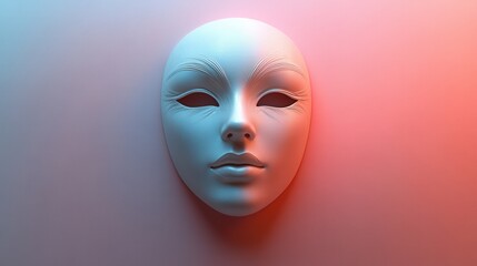 A stylized, abstract mask with subtle features, illuminated by soft blue and pink lighting, creating a mysterious atmosphere.