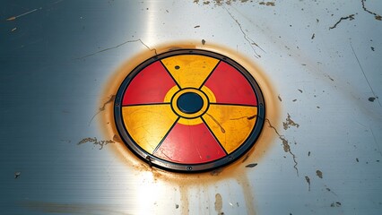 Radioactive hazard warning sign on scratched and rusted metallic surface  