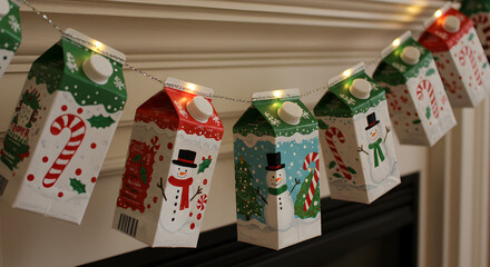 Obraz premium Festive milk carton garland with twinkle lights for holiday decoration