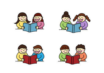 Fototapeta premium 本を読む子供達 イラストセット