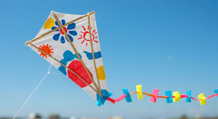 Handmade kite soars against a bright azure sky, artistic crafting activity