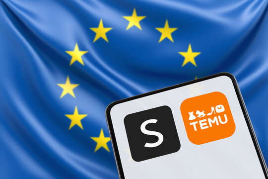 Temu and Shein app logo online marketplace from China with EU European Union flag ecommerce on a mobile phone