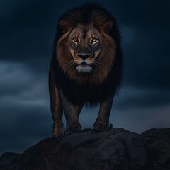 Fototapeta premium Majestic Lion King surveying his domain at twilight on rocky outcrop.