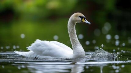 Obraz premium Graceful white swan swimming in calm water, creating ripples.