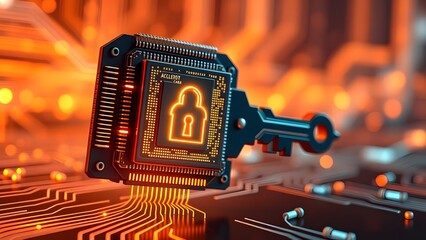 Microchip with digital lock symbol and key on glowing circuit board background.  