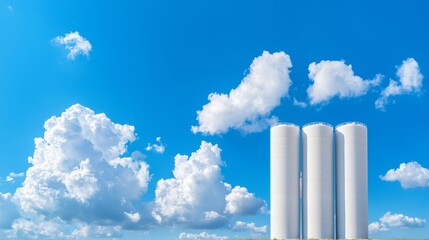 Three White Industrial Silos Under a Blue Sky with Fluffy Clouds