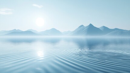 A serene landscape featuring calm water and distant mountains under a clear sky, creating a tranquil and peaceful atmosphere.