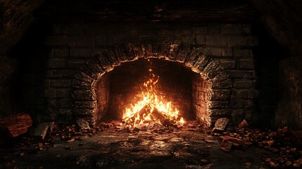 Fireplace in a dark room with burning firewood