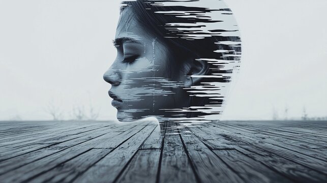 somber portrait of a person whose face blends with the reflection of water on a floor, evoking a feeling of sadness. person, portrait, water reflection, floor, sadness, double exposure, emotion, 