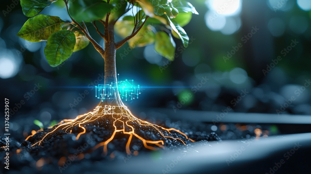 Leinwandbilder tree with mechanical roots and glowing circuits symbolizes fusion of nature and technology, set agai