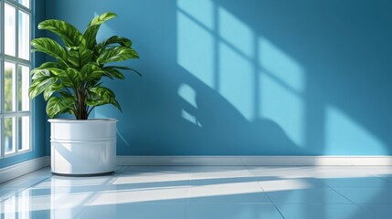 Lush green plant in a bright room with blue walls and sunlight casting shadows on the floor
